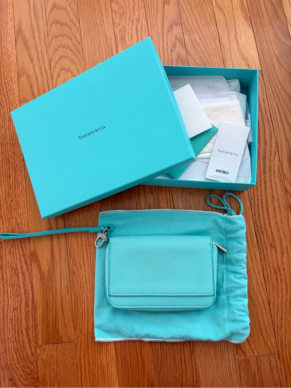 Tiffany & Co. Aqua Leather Wristlet Clutch with Detachable Strap